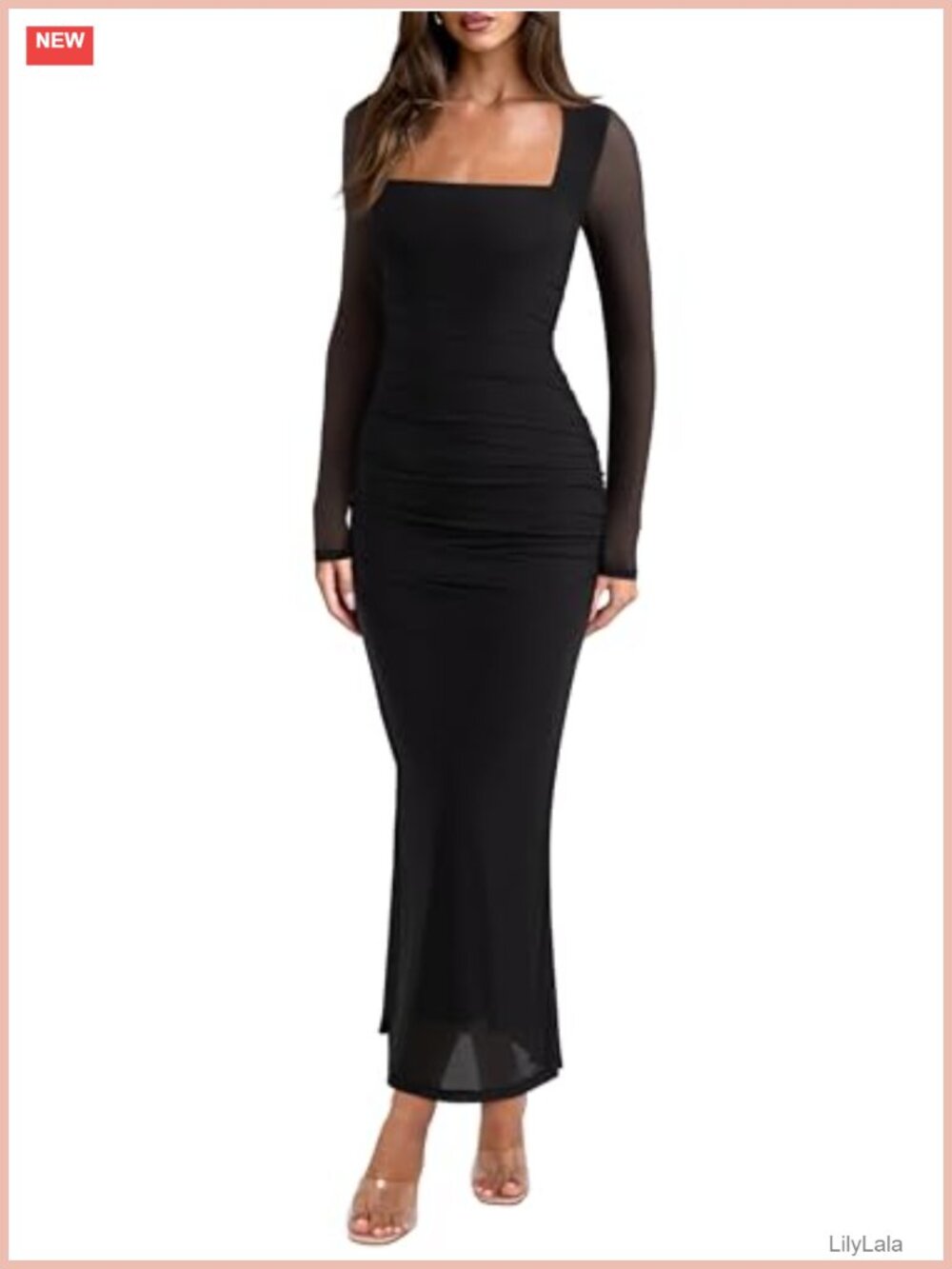 Womens Long Sleeve Square Neck Mesh Maxi Dress Wedding Guest Slim Fit